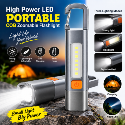 High Power LED Portable COB Zoomable Flashlight – USB Rechargeable Waterproof Mini Torch with Multi-Bright Modes, Backup Battery & Adjustable Focus for Outdoor & Emergency
